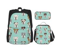 njkhbolk English Bulldog Faces Print 3 In 1 Backpack Set With Lunch Bag And Pencil Case,Suitable Work,Picnic,Travel, Black, One Size