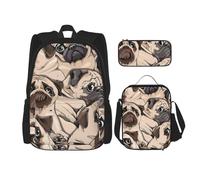 njkhbolk Funny Pug Pattern Print 3 In 1 Backpack Set With Lunch Bag And Pencil Case,Suitable Work,Picnic,Travel, Black, One Size