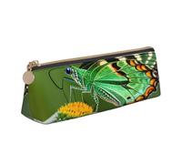 njkhbolk Green leaf colorful butterfly Print Triangle Leather Stationery Storage Bag,Zipper Pen Case for Pencils,Pens,Makeup