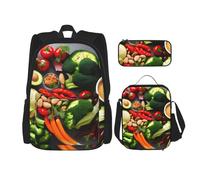 njkhbolk Healthy Food Print 3 In 1 Backpack Set With Lunch Bag And Pencil Case,Suitable Work,Picnic,Travel, Black, One Size