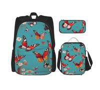 njkhbolk Hen Flying Butterflies Among Flowers Print 3 In 1 Backpack Set With Lunch Bag And Pencil Case,Suitable Work,Picnic,Travel, Black, One Size