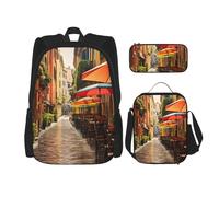 njkhbolk Italian Street Print 3 In 1 Backpack Set With Lunch Bag And Pencil Case,Suitable Work,Picnic,Travel, Black, One Size