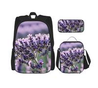 njkhbolk Lavender Flower Print 3 In 1 Backpack Set With Lunch Bag And Pencil Case,Suitable Work,Picnic,Travel, Black, One Size