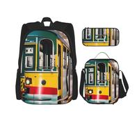 njkhbolk Lisbon Tram Print 3 In 1 Backpack Set With Lunch Bag And Pencil Case,Suitable Work,Picnic,Travel, Black, One Size