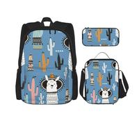 njkhbolk Llama Cactus Desert Plant Print 3 In 1 Backpack Set With Lunch Bag And Pencil Case,Suitable Work,Picnic,Travel, Black, One Size
