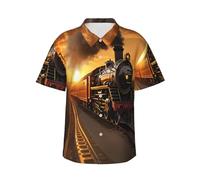 njkhbolk Men's Tropical Steam Train Print Hawaiian Shirt,Casual Button Down Short Sleeve, Black, XL