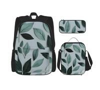 njkhbolk Mint Gray Leaf Print 3 In 1 Backpack Set With Lunch Bag And Pencil Case,Suitable Work,Picnic,Travel, Black, One Size