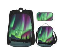 njkhbolk Northern Lights Painting Print 3 In 1 Backpack Set With Lunch Bag And Pencil Case,Suitable Work,Picnic,Travel, Black, One Size