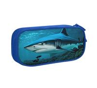 njkhbolk Portable Blue Shark print stationery organizer,large capacity double layer zipper pencil case
