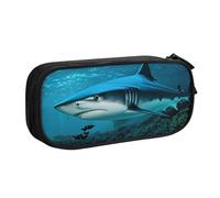 njkhbolk Portable Blue Shark print stationery organizer,large capacity double layer zipper pencil case
