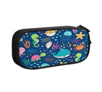 njkhbolk Portable Cartoon Sea Fish print stationery organizer,large capacity double layer zipper pencil case
