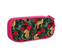 njkhbolk Portable leopard and roses print stationery organizer,large capacity double layer zipper pencil case