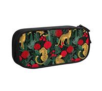 njkhbolk Portable leopard and roses print stationery organizer,large capacity double layer zipper pencil case
