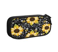 njkhbolk Portable Sunflower Bees print stationery organizer,large capacity double layer zipper pencil case