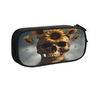 njkhbolk Portable Sunflower Halloween Skull print stationery organizer,large capacity double layer zipper pencil case