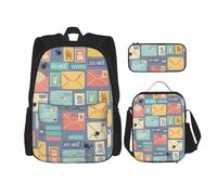 njkhbolk Postal Stationery Print 3 In 1 Backpack Set With Lunch Bag And Pencil Case,Suitable Work,Picnic,Travel, Black, One Size