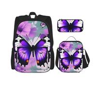 njkhbolk Purple Butterfly Print 3 In 1 Backpack Set With Lunch Bag And Pencil Case,Suitable Work,Picnic,Travel, Black, One Size