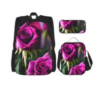 njkhbolk Purple Roses Print 3 In 1 Backpack Set With Lunch Bag And Pencil Case,Suitable Work,Picnic,Travel, Black, One Size
