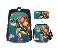 njkhbolk Sea Turtle With Fishes Print 3 In 1 Backpack Set With Lunch Bag And Pencil Case,Suitable Work,Picnic,Travel, Black, One Size