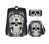 njkhbolk Skull Yoga And Flower Print 3 In 1 Backpack Set With Lunch Bag And Pencil Case,Suitable Work,Picnic,Travel, Black, One Size