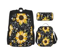 njkhbolk Sunflower Bee Print 3 In 1 Backpack Set With Lunch Bag And Pencil Case,Suitable Work,Picnic,Travel, Black, One Size