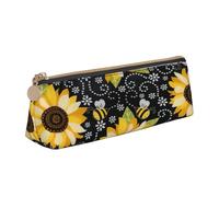 njkhbolk Sunflower Bees Print Triangle Leather Stationery Storage Bag,Zipper Pen Case for Pencils,Pens,Makeup
