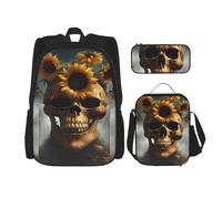 njkhbolk Sunflower Halloween Skull Print 3 In 1 Backpack Set With Lunch Bag And Pencil Case,Suitable Work,Picnic,Travel, Black, One Size