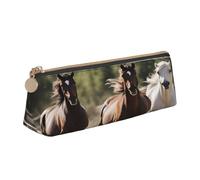 njkhbolk Three running horses Print Triangle Leather Stationery Storage Bag,Zipper Pen Case for Pencils,Pens,Makeup