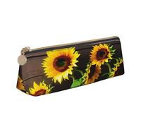 njkhbolk Three Sunflowers on Wooden Print Triangle Leather Stationery Storage Bag,Zipper Pen Case for Pencils,Pens,Makeup