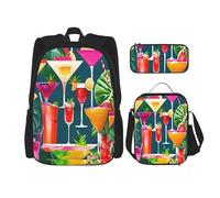 njkhbolk Tropical Cocktail Print 3 In 1 Backpack Set With Lunch Bag And Pencil Case,Suitable Work,Picnic,Travel, Black, One Size