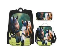 njkhbolk Two Horses Print 3 In 1 Backpack Set With Lunch Bag And Pencil Case,Suitable Work,Picnic,Travel, Black, One Size