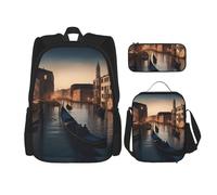 njkhbolk Venice Night Print 3 In 1 Backpack Set With Lunch Bag And Pencil Case,Suitable Work,Picnic,Travel, Black, One Size