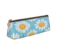njkhbolk White Daisy in Light Blue Background Print Triangle Leather Stationery Storage Bag,Zipper Pen Case for Pencils,Pens,Makeup