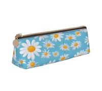 njkhbolk White Daisy in Light Blue Background Print Triangle Leather Stationery Storage Bag,Zipper Pen Case for Pencils,Pens,Makeup