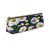 njkhbolk Wild Flowers and Cornflowers Daisies Print Triangle Leather Stationery Storage Bag,Zipper Pen Case for Pencils,Pens,Makeup