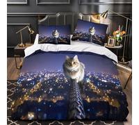 NJOFERDIN 3D Print 3 Pcs Bedding Set Bed Decor Design Super Cat on Wire Quilt Cover Hypoallergenic Easy Care for Teens,Youth,Children night Cityscape View Duvet Cover Double（200x200cm）