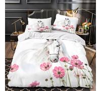 NJOFERDIN 3D Print 3-Piece Bedding Set Bed Decor Zipper Closure Design Ultra Soft White Horse Quilt Cover Durable Hotel Quality for Adults,Women,Youth Watercolor Floral Duvet Cover King（220x240cm）