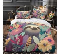 NJOFERDIN 3D Printed 3PCs Bedding Set Bed Decor Zipper Super Soft Sloth in Flowers Comforter Cover Washable Machine Washable for Youth,Kids,Women Colorful Jungle Quilt Cover Double（200x200cm）