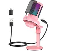 NJSJ Gaming Microphone, USB Microphone for PC/ PS4/ PS5/ Mac/Phone, Condenser Mic with Touch Mute, Brilliant RGB Lighting, Gain knob & Monitoring Jack for Recording, Streaming, Podcasting (Pink)