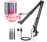 NJSJ USB Gaming Microphone Kit for PC, RGB Condenser Microphone Podcast Mic with Monitoring Jack, Quick Mute, Gain Control, Mic Boom Arm Stand for Recording Twitch Mac PS4/5 (Pink-with Boom Arm)