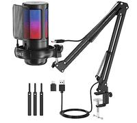 NJSJ USB Gaming Microphone Kit for PC, RGB Condenser Microphone Podcast Mic with Monitoring Jack, Quick Mute, Gain Control, Boom Arm Stand for Recording Twitch Mac PS4/5 (Black)