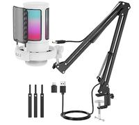 NJSJ USB Gaming Microphone Kit for PC, RGB Podcast Microphone Podcast Mic with Monitoring Jack, Quick Mute, Gain Control, Mic Boom Arm Stand for Recording Twitch Mac PS4/5 (White-with Boom Arm)