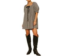 NJWTSDTZ Gingham Babydoll Dress for Women Puff Sleeve Square Neck Mini Dress Tie Front Plaid Print Flowy Short Sundress (Black, M)