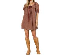 NJWTSDTZ Gingham Babydoll Dress for Women Puff Sleeve Square Neck Mini Dress Tie Front Plaid Print Flowy Short Sundress (Red, M)