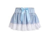 NJWTSDTZ Women Blue Gingham Mini Skirt Y2k Lace Plaid Pleated Skirt A Line Sissy Short Skirts Halloween Dorothy Costume(Bow Blue,Small)