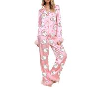 NJWTSDTZ Women Feather Trim Pyjama Set Christmas Button Down Tops Pants Lounge Sets Cute Santa Print 2Pcs Satin Sleepwear (Pink, XL)