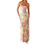 NJWTSDTZ Women Floral Spaghetti Strap Maxi Dress Y2k Low Cut Crisscross Backless Long Dress Summer Party Club Streetwear (Beige, S)