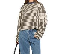 NJWTSDTZ Women Y2k Drop Shoulder Striped Long Sleeve Shirt Vintage Crewneck Preppy Fall Winter Tops Cute Loose Fit Pullover (Beige, M)
