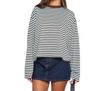 NJWTSDTZ Women Y2k Drop Shoulder Striped Long Sleeve Shirt Vintage Crewneck Preppy Fall Winter Tops Cute Loose Fit Pullover (Chocolate, M)