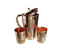NK GLOBAL Embossed Copper Jug Indian Traditional Pitcher Antique Wine Serveware Drinking Flask Ayurveda Health Benefits Water Jugs with Tumblers Gift 1.2 Litre Set of 3 Pcs